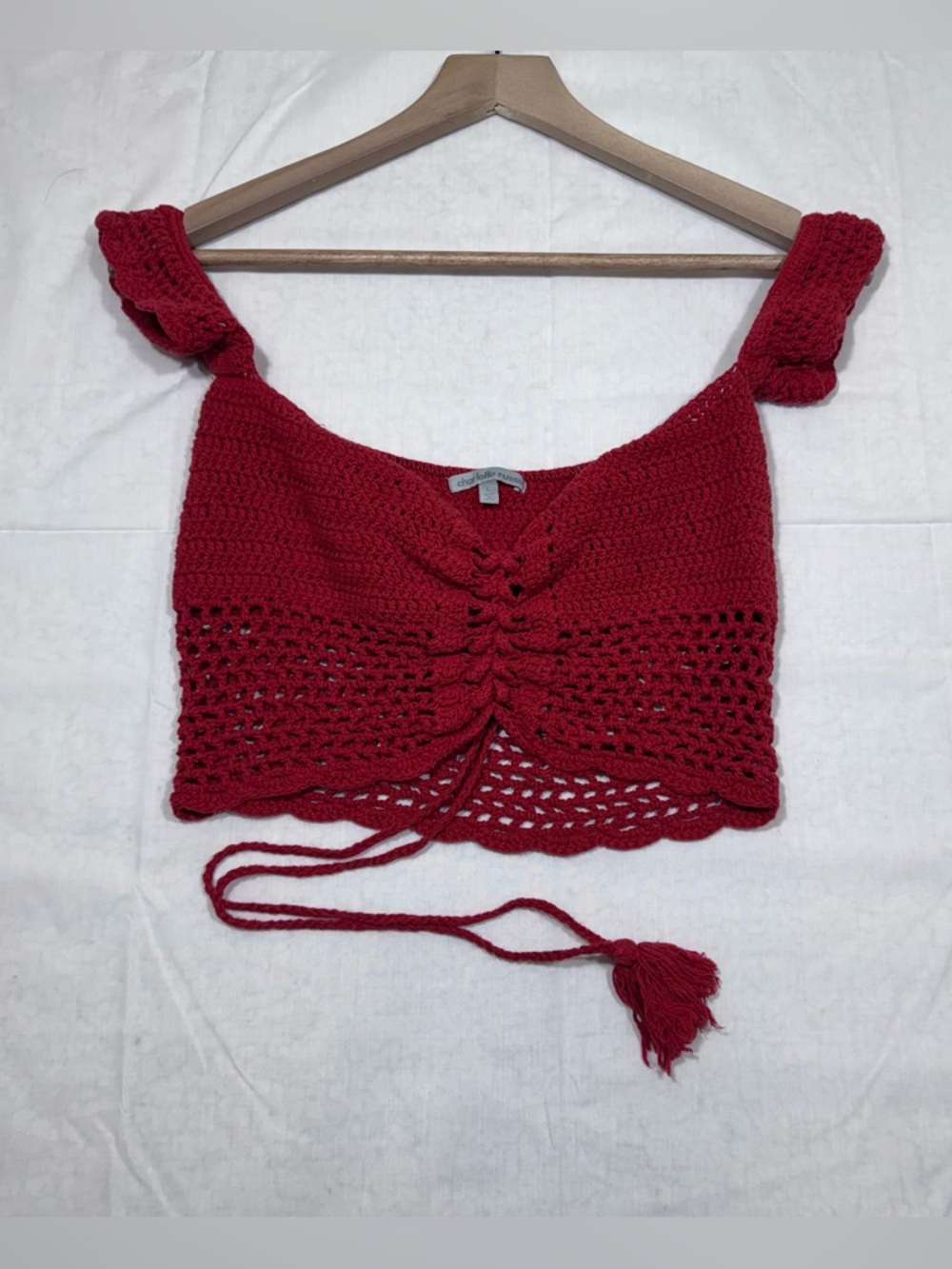Charlotte Russe Womens Knit Red Crochet Crop Top Size Large Festival Summer